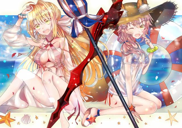 nero claudius (fate) (all)+nero claudius (swimsuit caster) (fate)+tamamo (fate) (all)+tamamo no mae (swimsuit lancer) (fate)