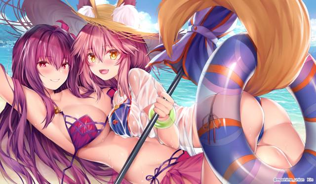 scathach (fate grand order)+scathach (swimsuit assassin) (fate)+tamamo (fate) (all)+tamamo no mae (swimsuit lancer) (fate)