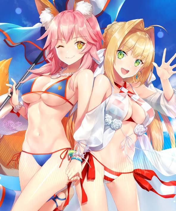 nero claudius (fate)+nero claudius (fate) (all)+tamamo (fate) (all)+tamamo no mae (fate)+tamamo no mae (swimsuit lancer) (fate)