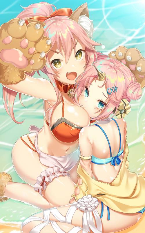 frankenstein's monster (fate)+frankenstein's monster (swimsuit saber) (fate)+tamamo (fate) (all)+tamamo cat (fate)