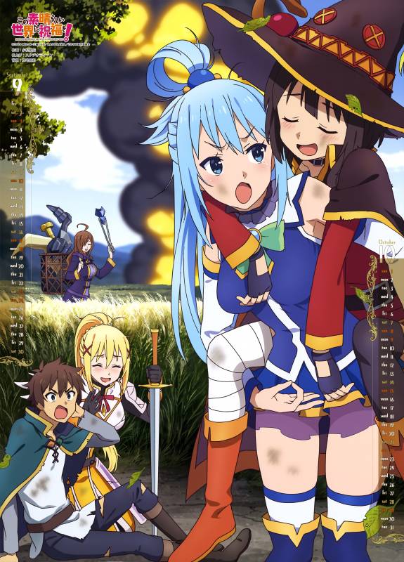 aqua (konosuba)+darkness (konosuba)+megumin+satou kazuma+wiz (konosuba)