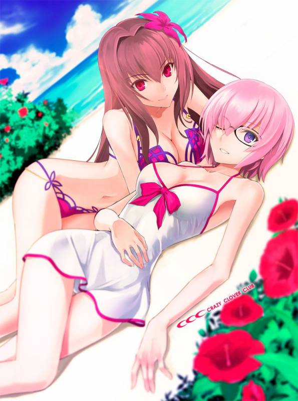 mash kyrielight+scathach (fate grand order)+scathach (swimsuit assassin) (fate)